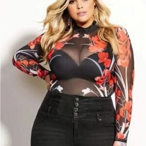 City Chic Bodysuit Plus Size 24 Black Red Floral Sheer Turtleneck Long Sleeve